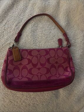 Coach Pink Signature Canvas Shoulder Bag with Leather Trim